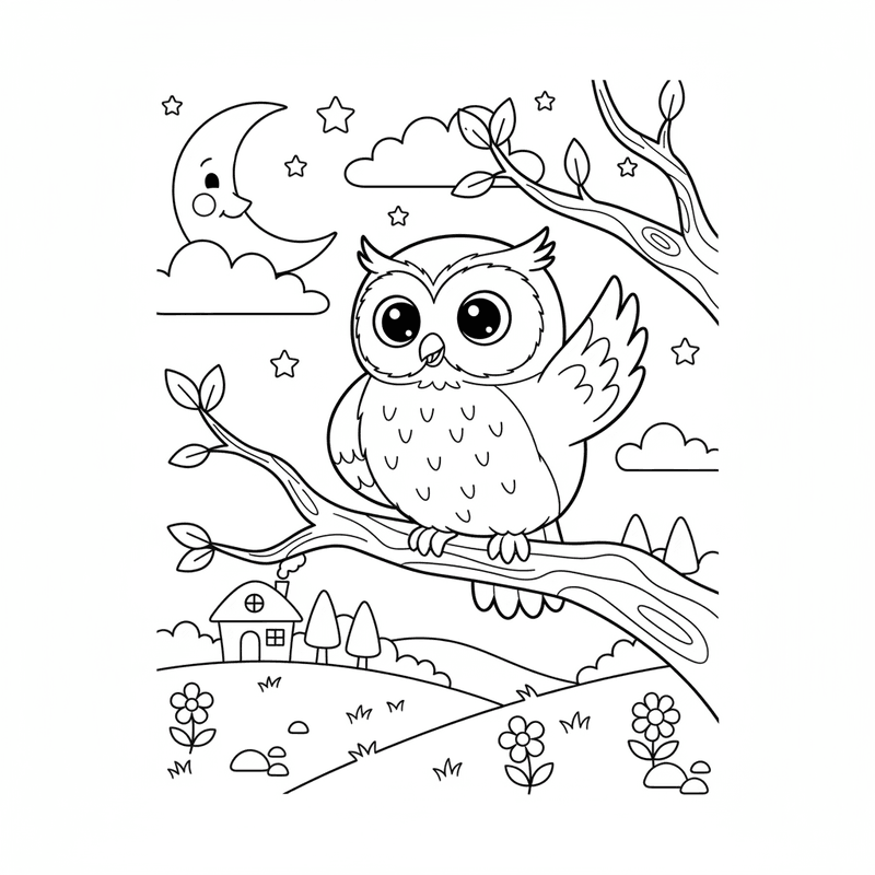 Original kids owl coloring page with a crescent moon